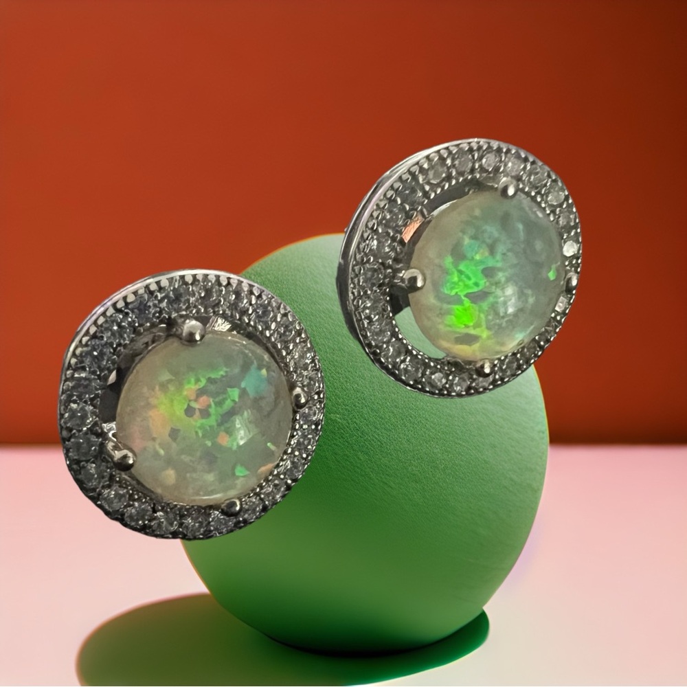 💖 Sterling Silver Opal Halo Earrings 💖